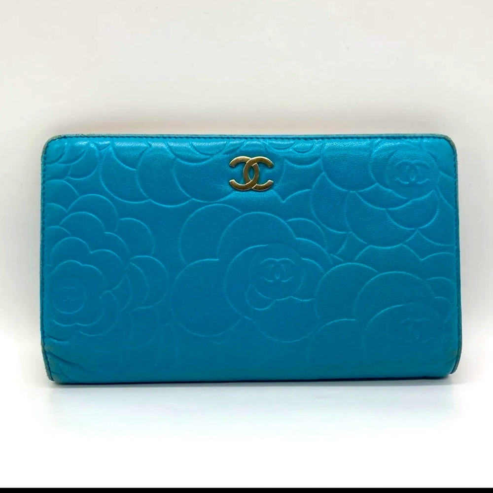 Chanel Blue Camellia Embossed Wallet